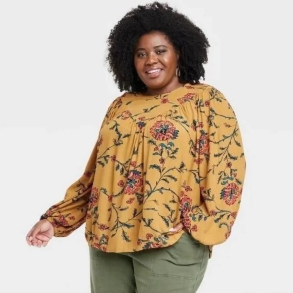 Knox Rose Boho Style Gold Floral Blouse Size 2X